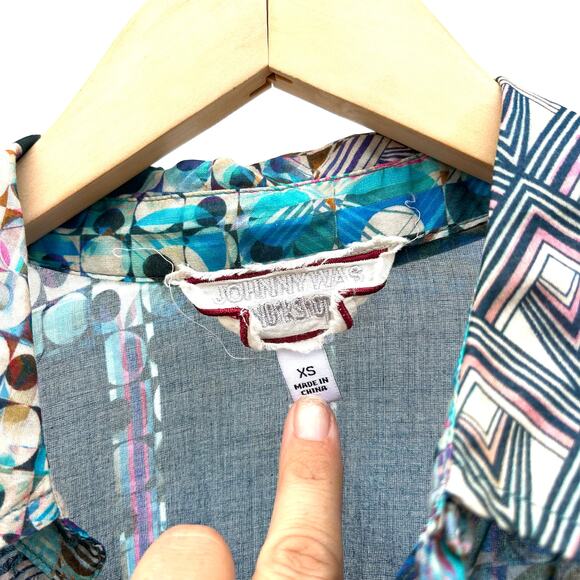 Johnny Was Workshop Klodi Ruffle Sleeve Blue Pattern Top Lightweight Blouse XS - Picture 4 of 10